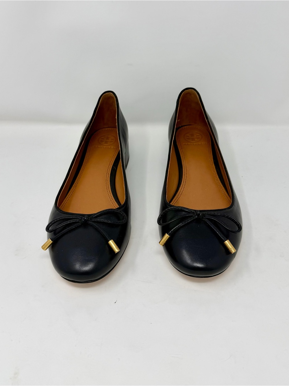 Tory Burch Brooke Black Leather Ballet Flats with Gold-Tip Bow